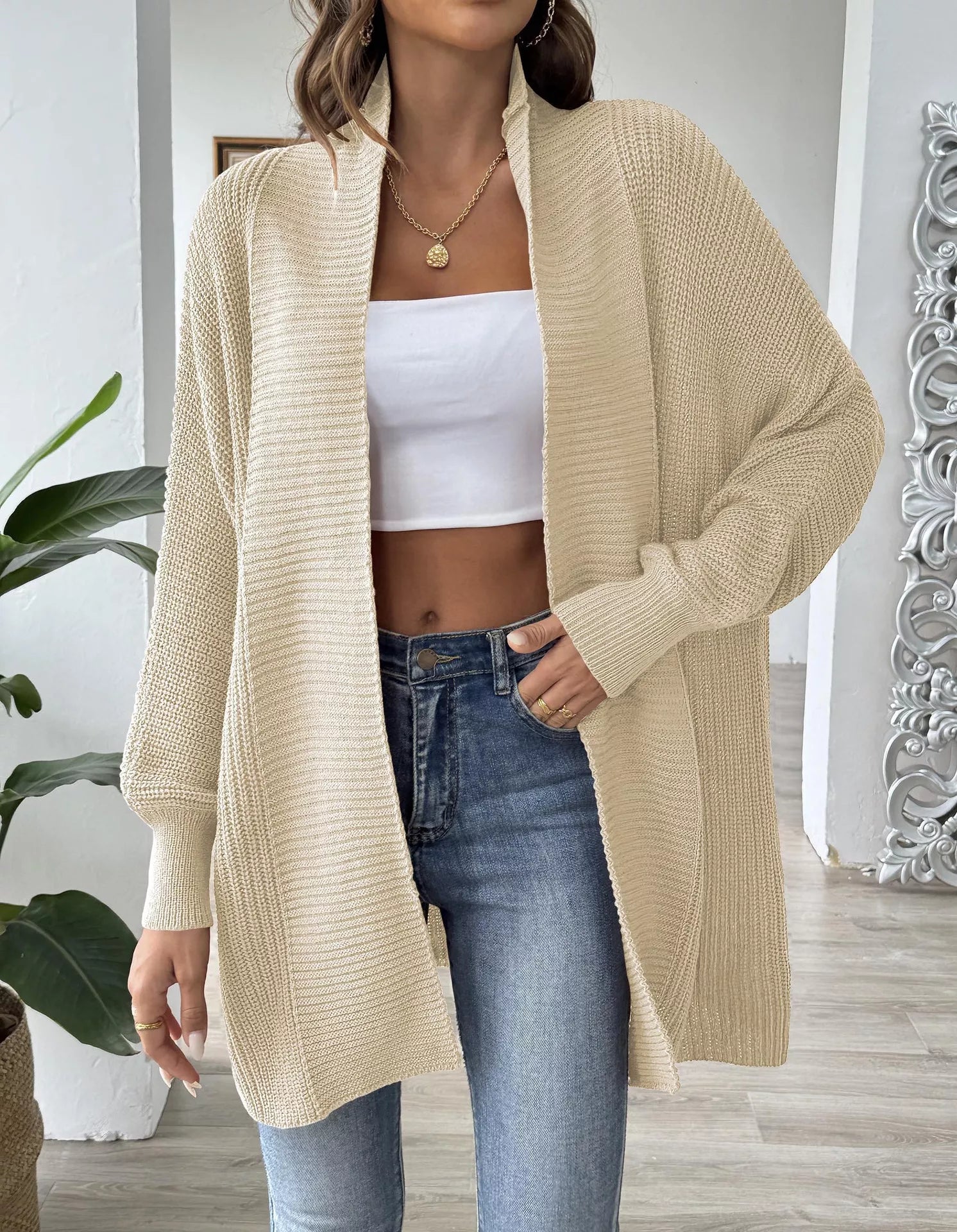 Open Front Ribbed Knit Cardigan 