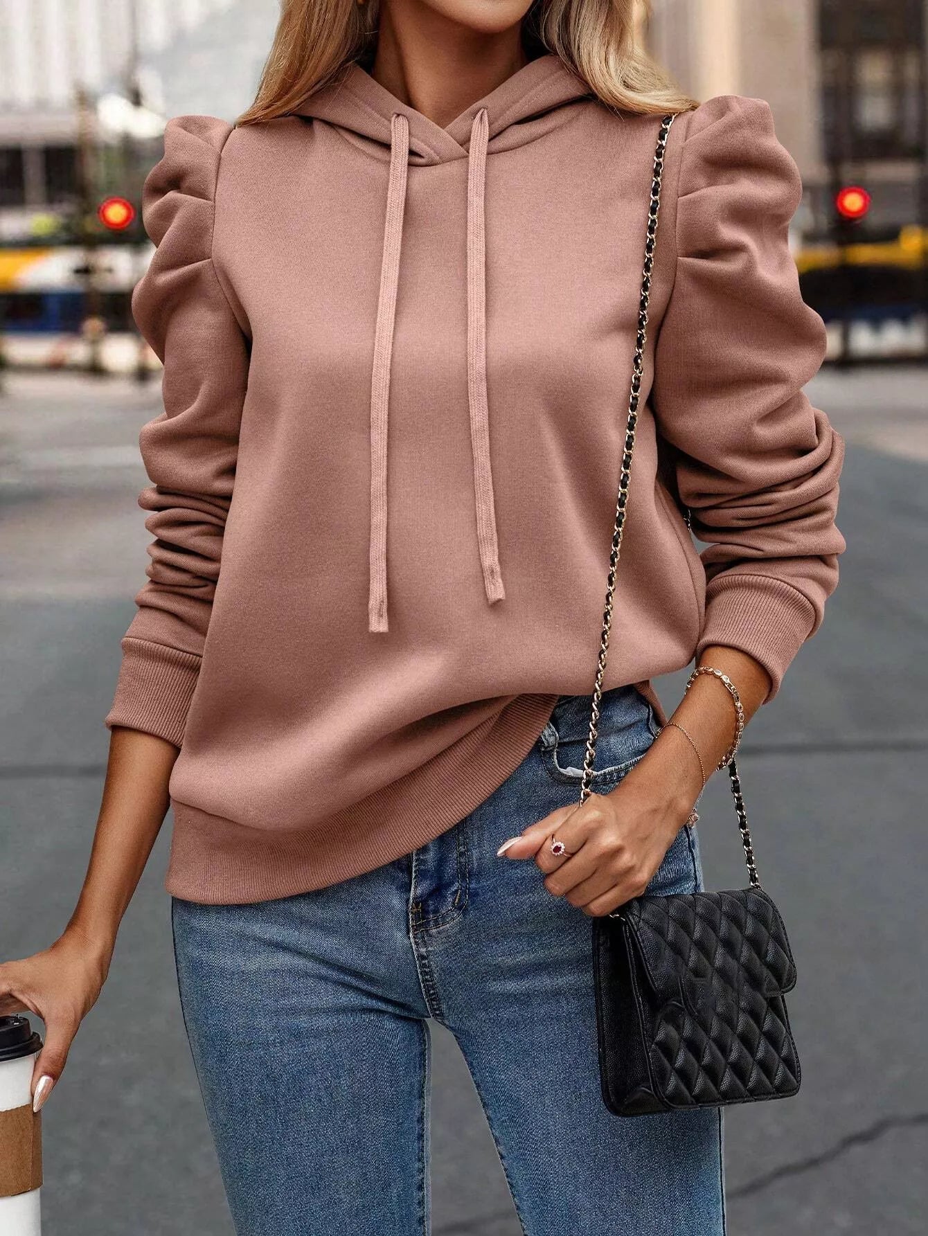 Puff Sleeve Hoodie with Drawstring 