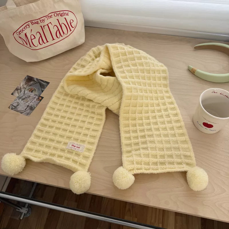 Waffle Knit Pom-Pom Scarf 