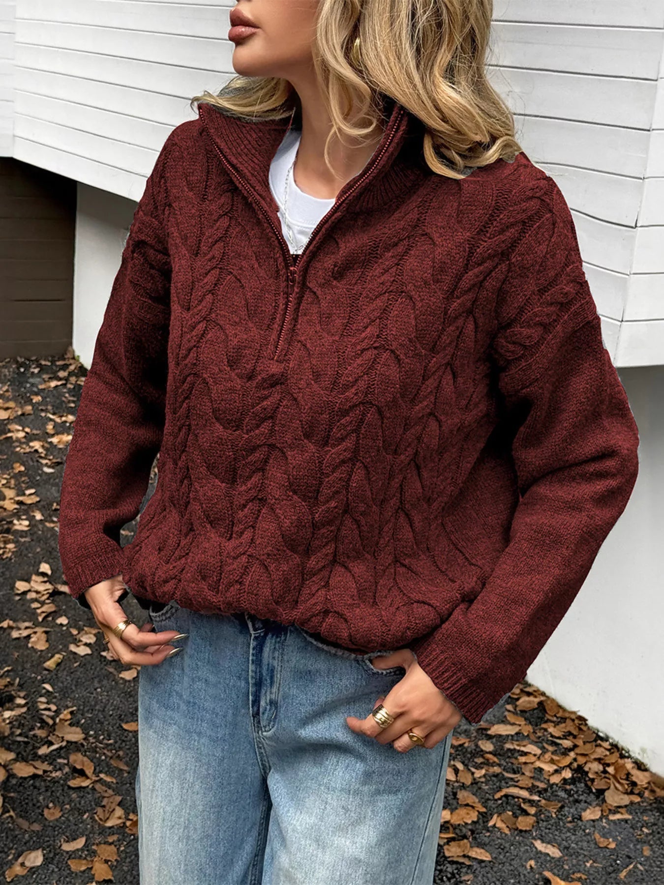 Zip Collar Cable-Knit Sweater 