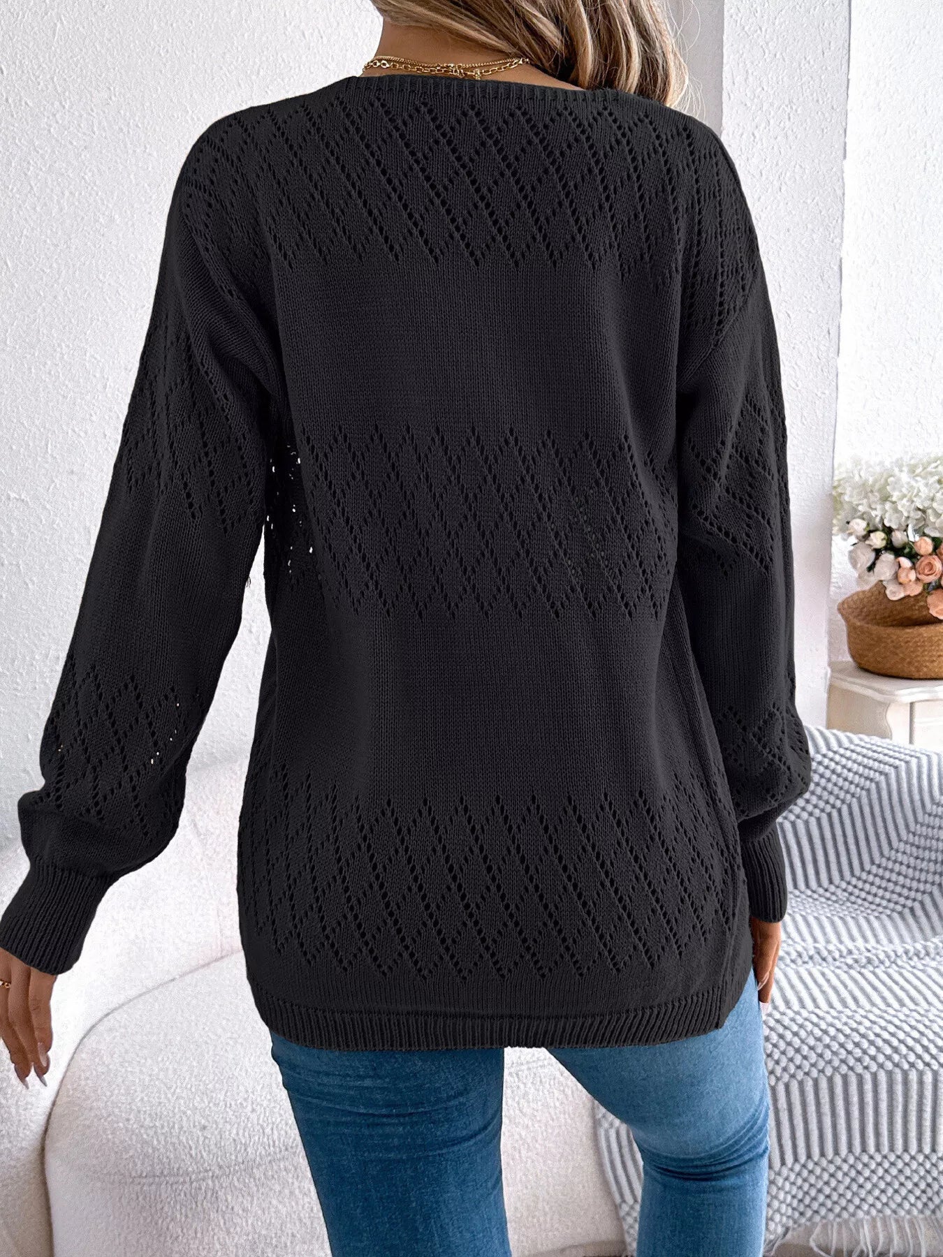 Openwork Open Front Long Sleeve Cardigan 