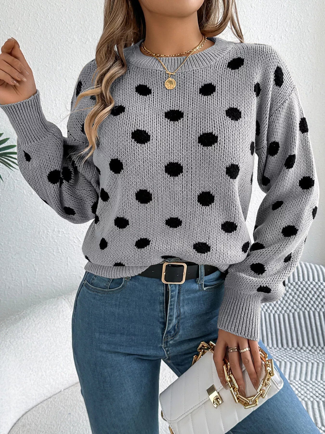 Polka Dot Round Neck Sweater 