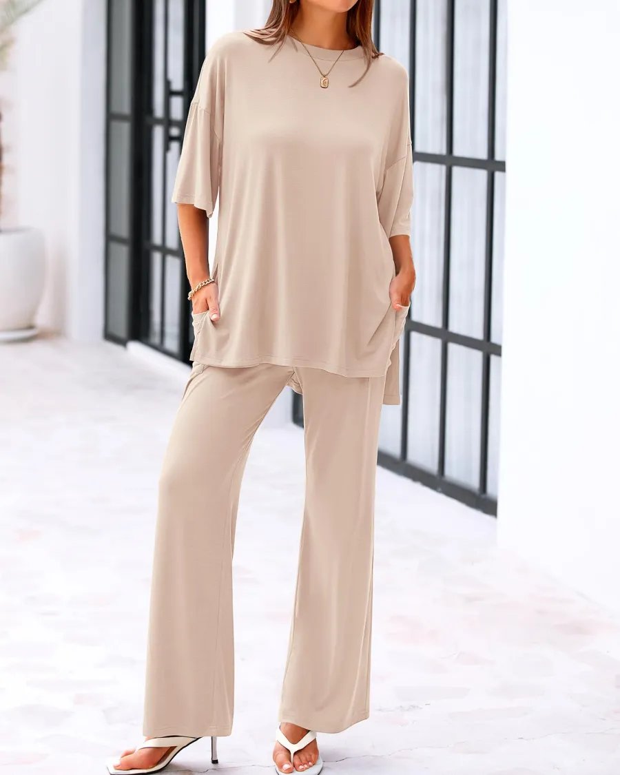 Comfort Two-Piece Lounge Set | Crew-Neck Top & Wide-Leg Pocket Pants 