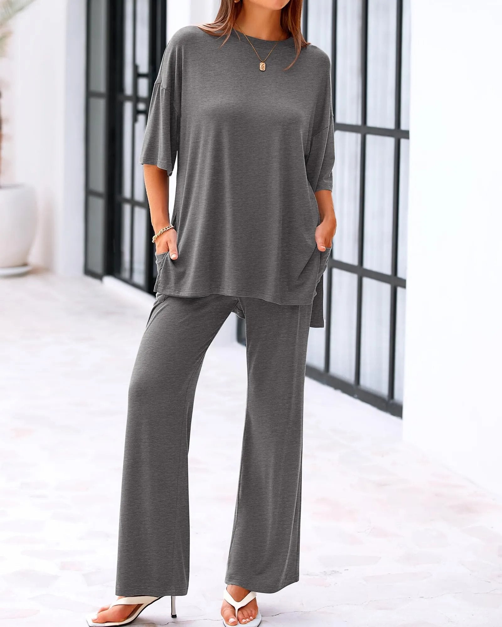 Comfort Two-Piece Lounge Set | Crew-Neck Top & Wide-Leg Pocket Pants 