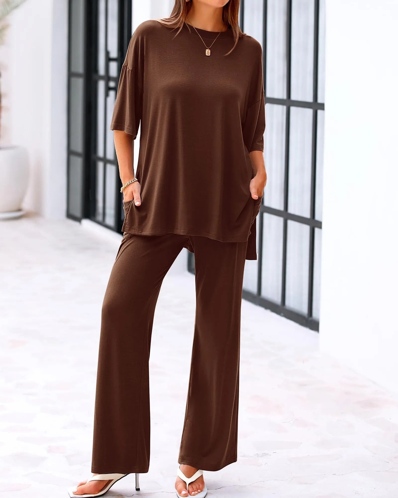 Comfort Two-Piece Lounge Set | Crew-Neck Top & Wide-Leg Pocket Pants 