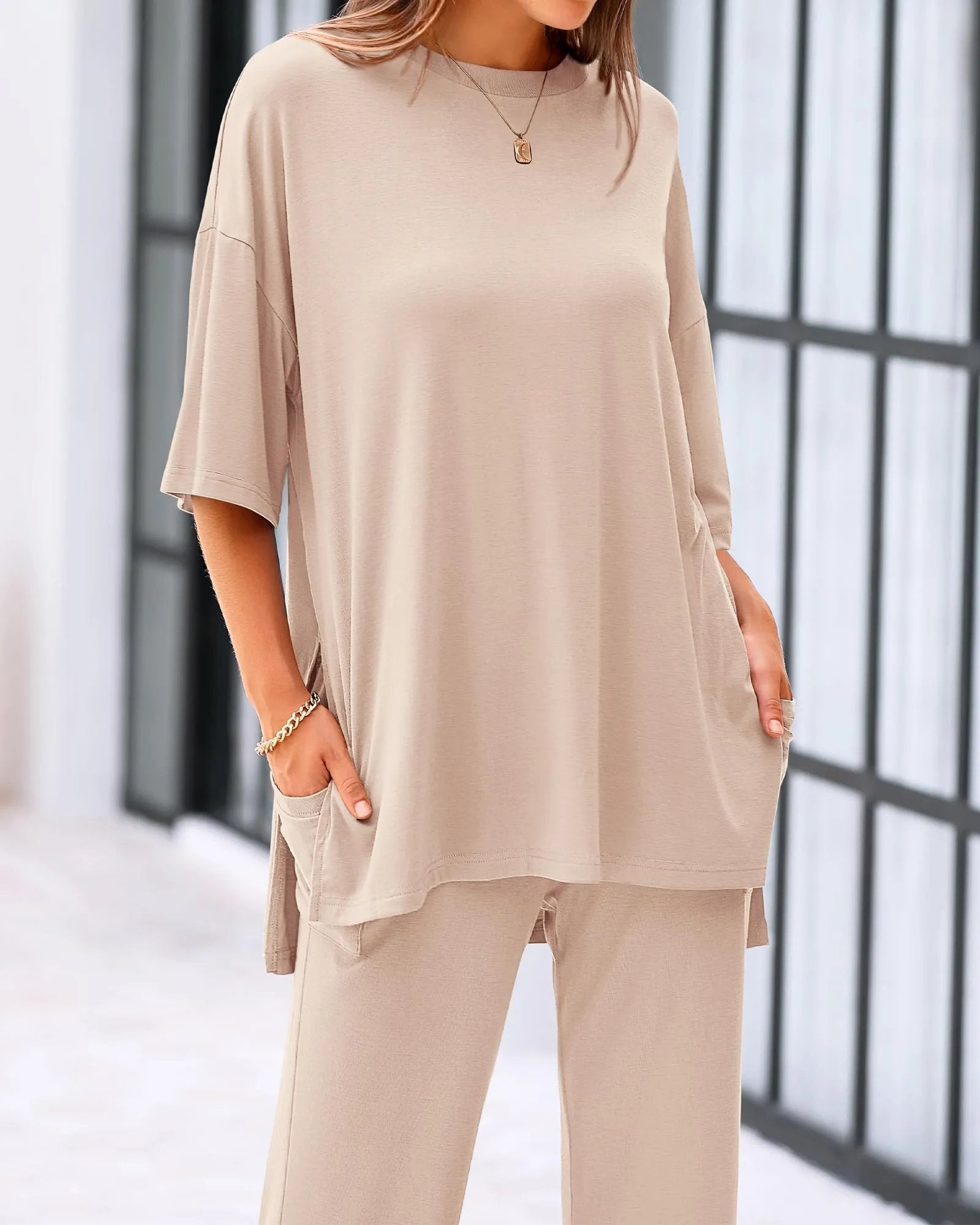 Comfort Two-Piece Lounge Set | Crew-Neck Top & Wide-Leg Pocket Pants 