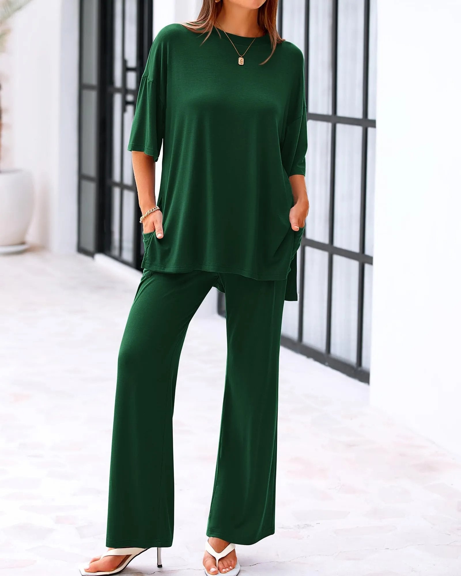 Comfort Two-Piece Lounge Set | Crew-Neck Top & Wide-Leg Pocket Pants 