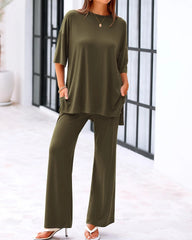 Comfort Two-Piece Lounge Set | Crew-Neck Top & Wide-Leg Pocket Pants 