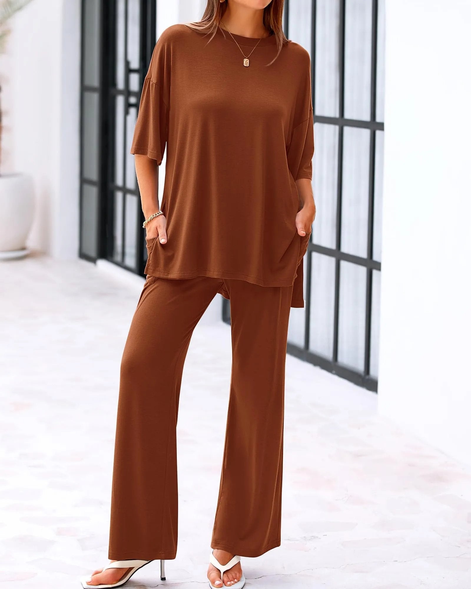 Comfort Two-Piece Lounge Set | Crew-Neck Top & Wide-Leg Pocket Pants 