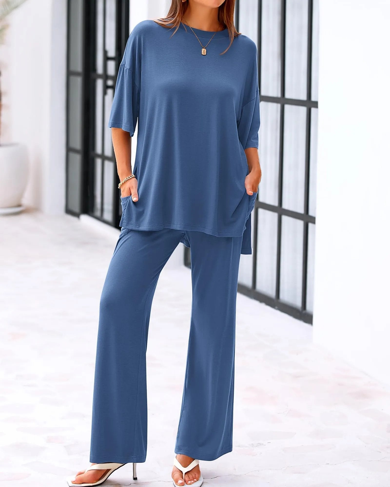 Comfort Two-Piece Lounge Set | Crew-Neck Top & Wide-Leg Pocket Pants 