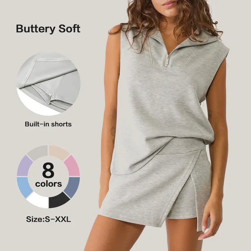 Courtside Sleeveless Half-Zip Skort Set | Women's Summer Active Outfit 