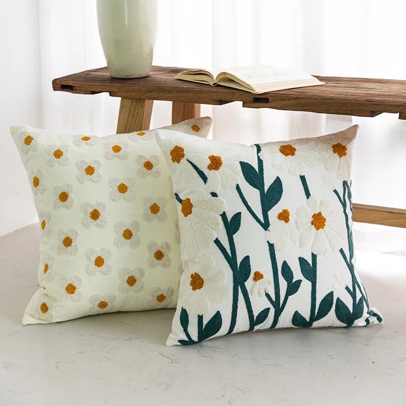 Cozy Cotton-Poly Blend Pillow with Spring Floral Embroidery – 45x45cm Decorative Cushion 