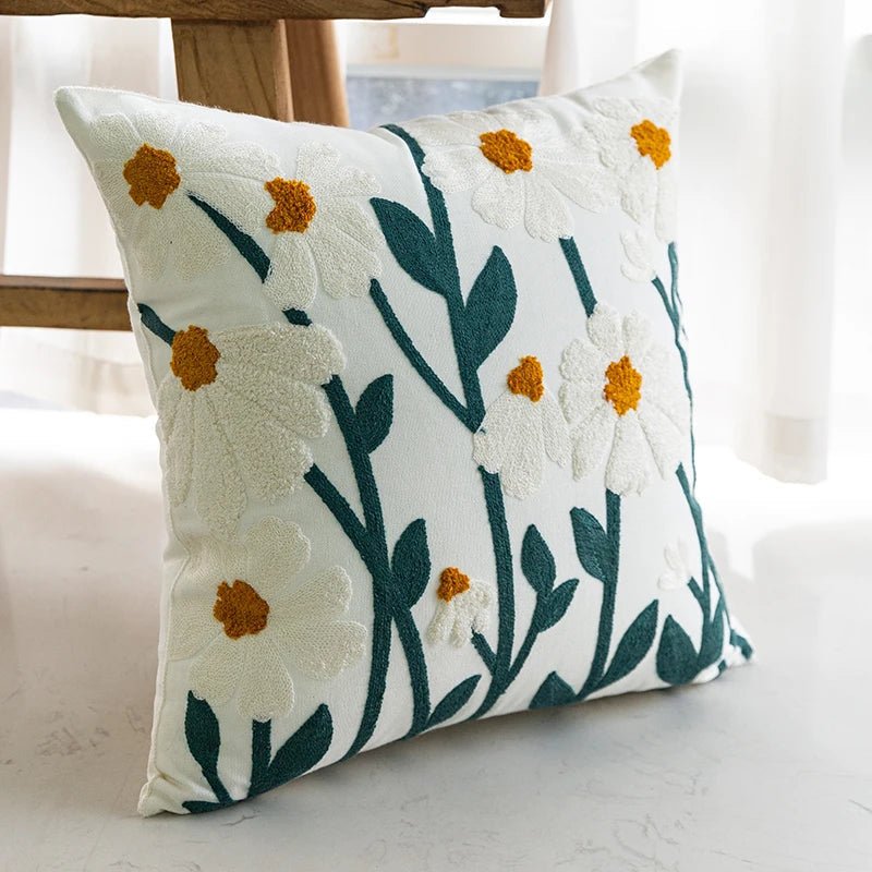Cozy Cotton-Poly Blend Pillow with Spring Floral Embroidery – 45x45cm Decorative Cushion 