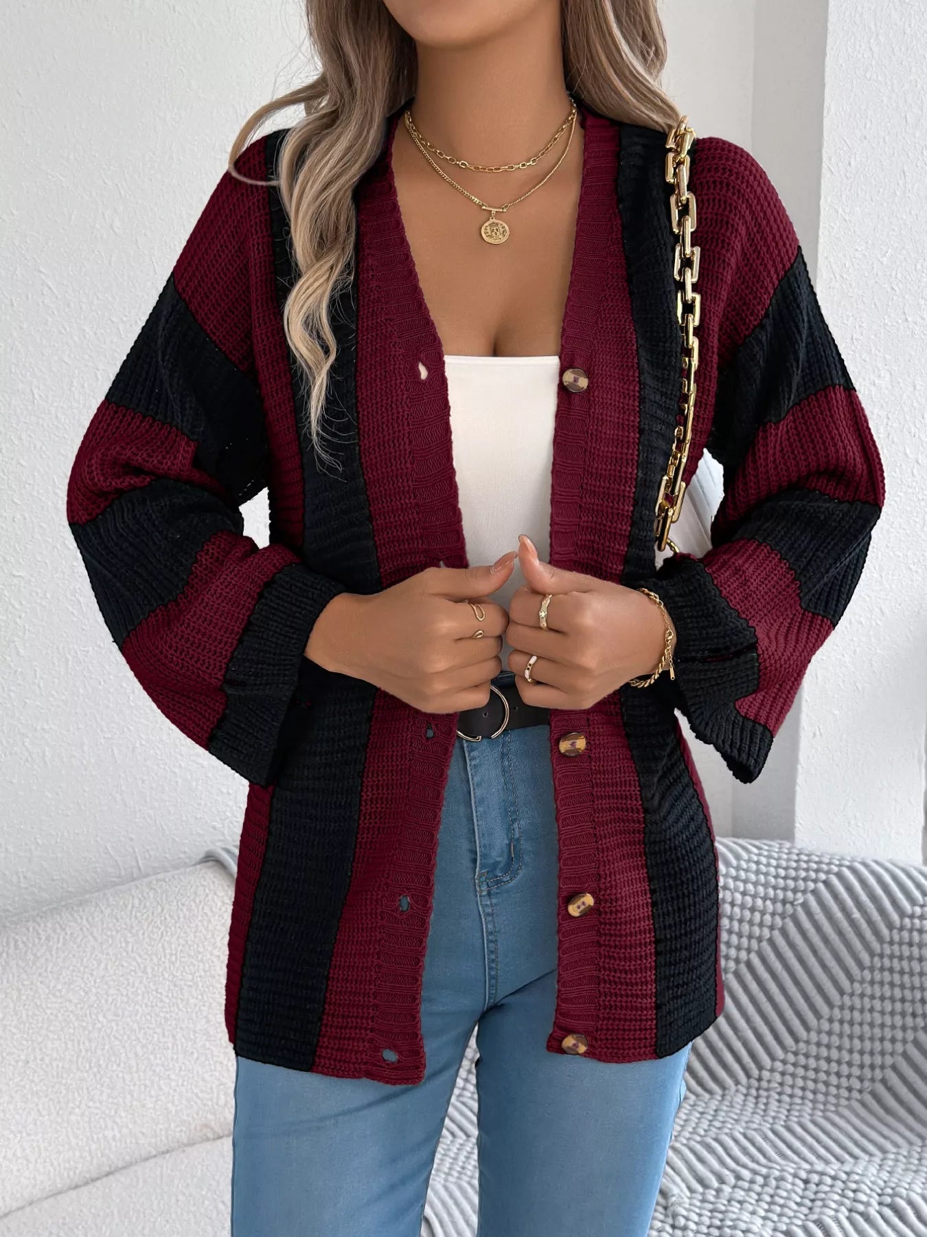 Color Block Button-Up Cardigan 