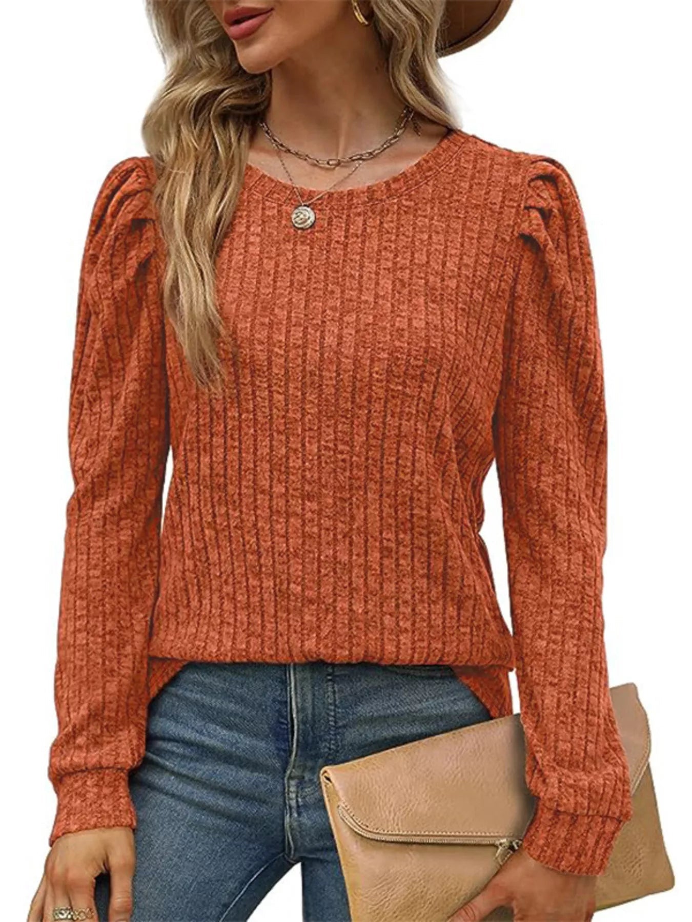 Ribbed Knit Top with Puff Sleeves 