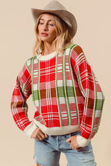 SO ME Christmas Color Checkered Plaid Crew Neck Sweater 