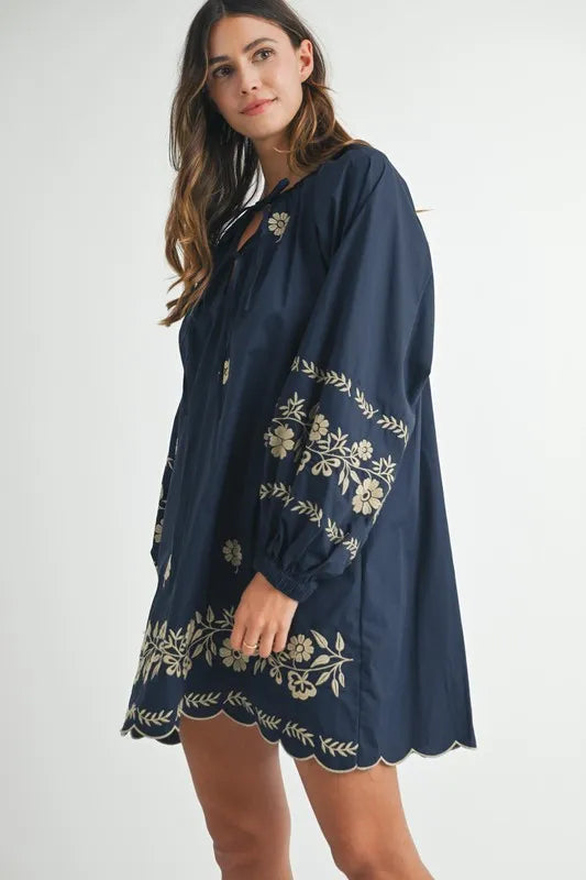 MABLE Embroidered Long Sleeve Peasant Mini Dress 