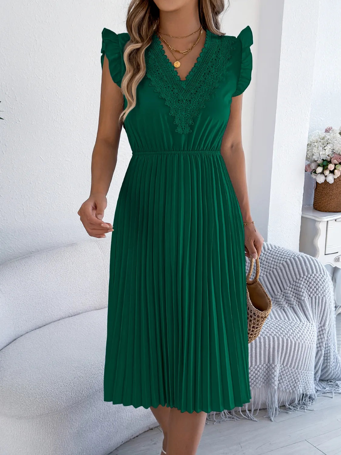 Lace Detail Ruffled Cap Sleeve Pleated Dress 