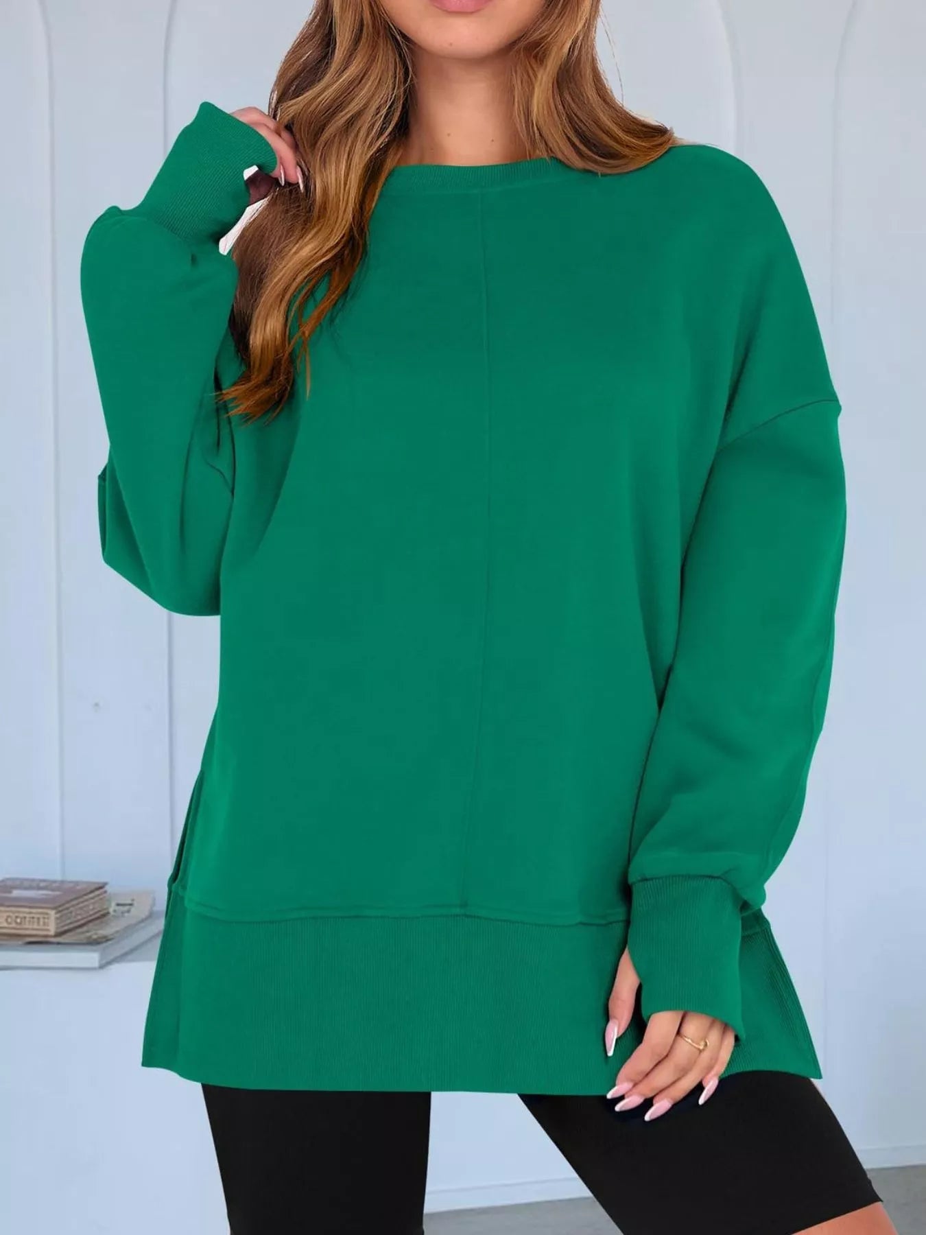 Side Slit Round Neck Long Sleeve Sweatshirt 
