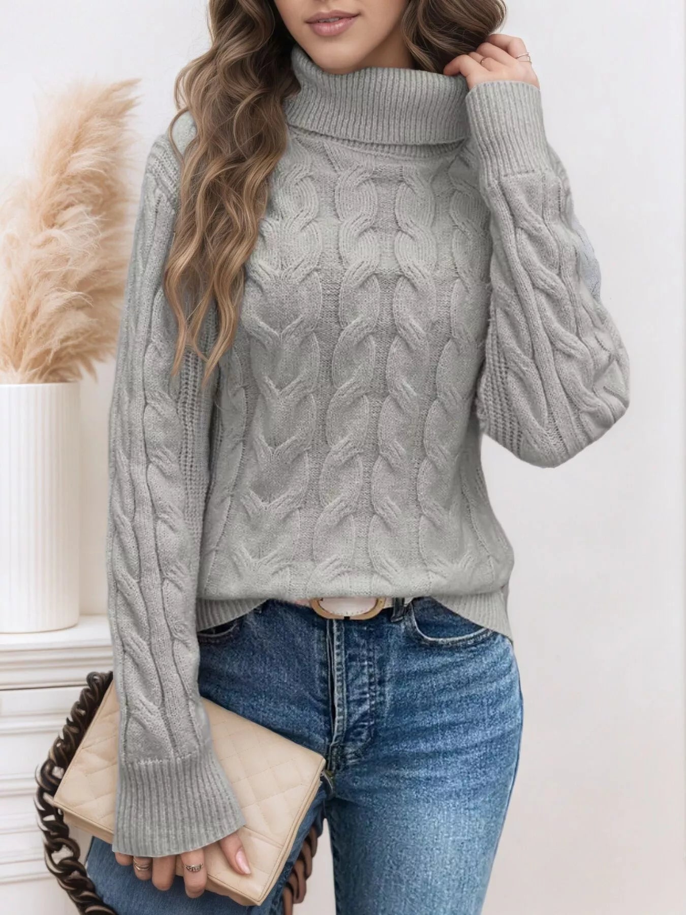 Cable Knit Turtleneck Long Sleeve Sweater 