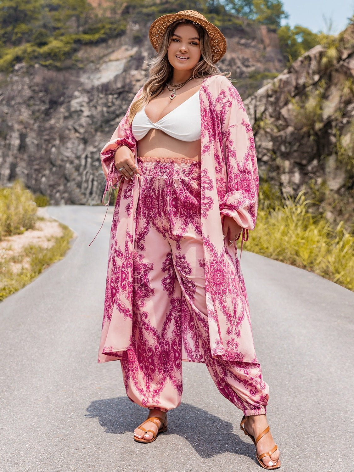 Plus Size Open Front Cardigan and Pants Set 
