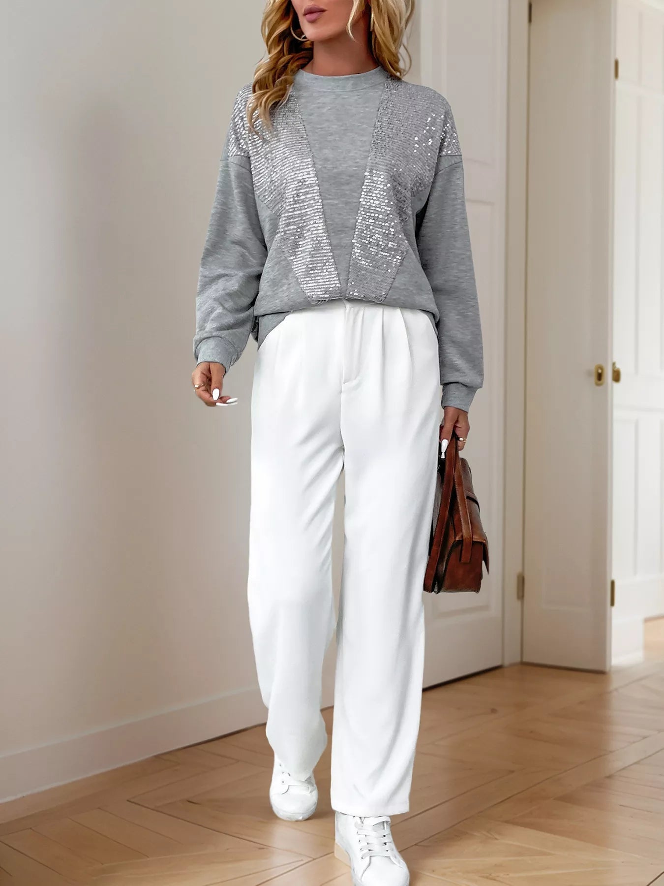 Sequin Round Neck Dropped Shoulder Sweatshirt 