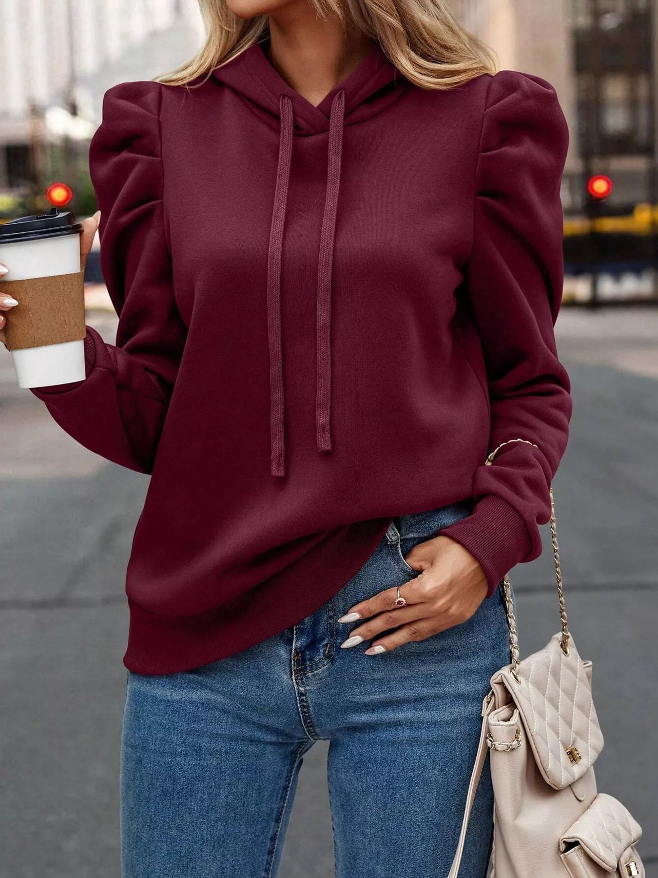 Puff Sleeve Hoodie with Drawstring 