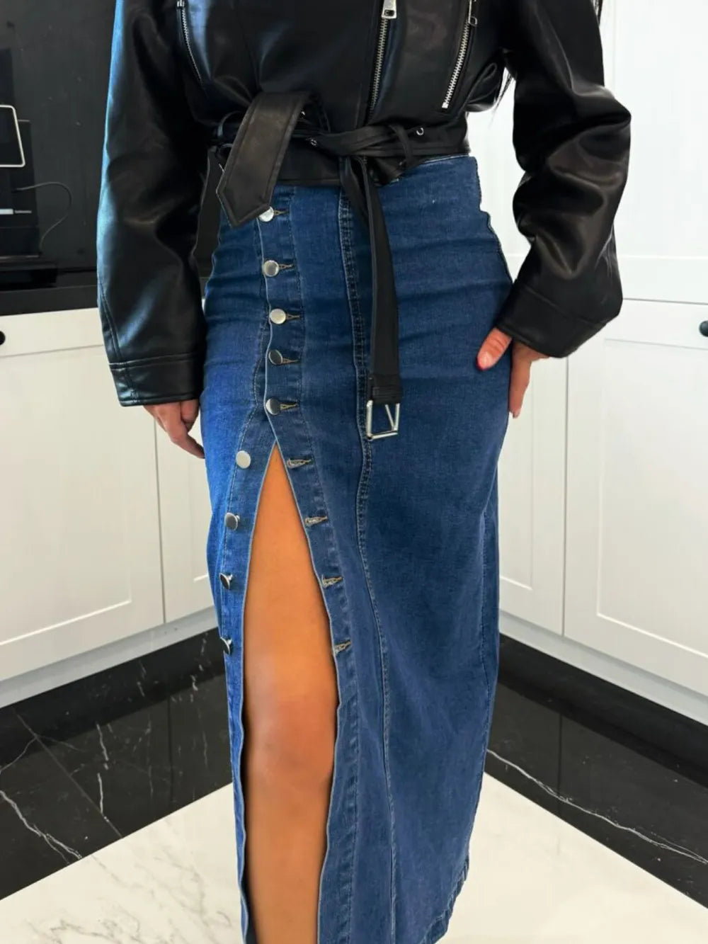 Front Button Slit Midi Denim Skirt 