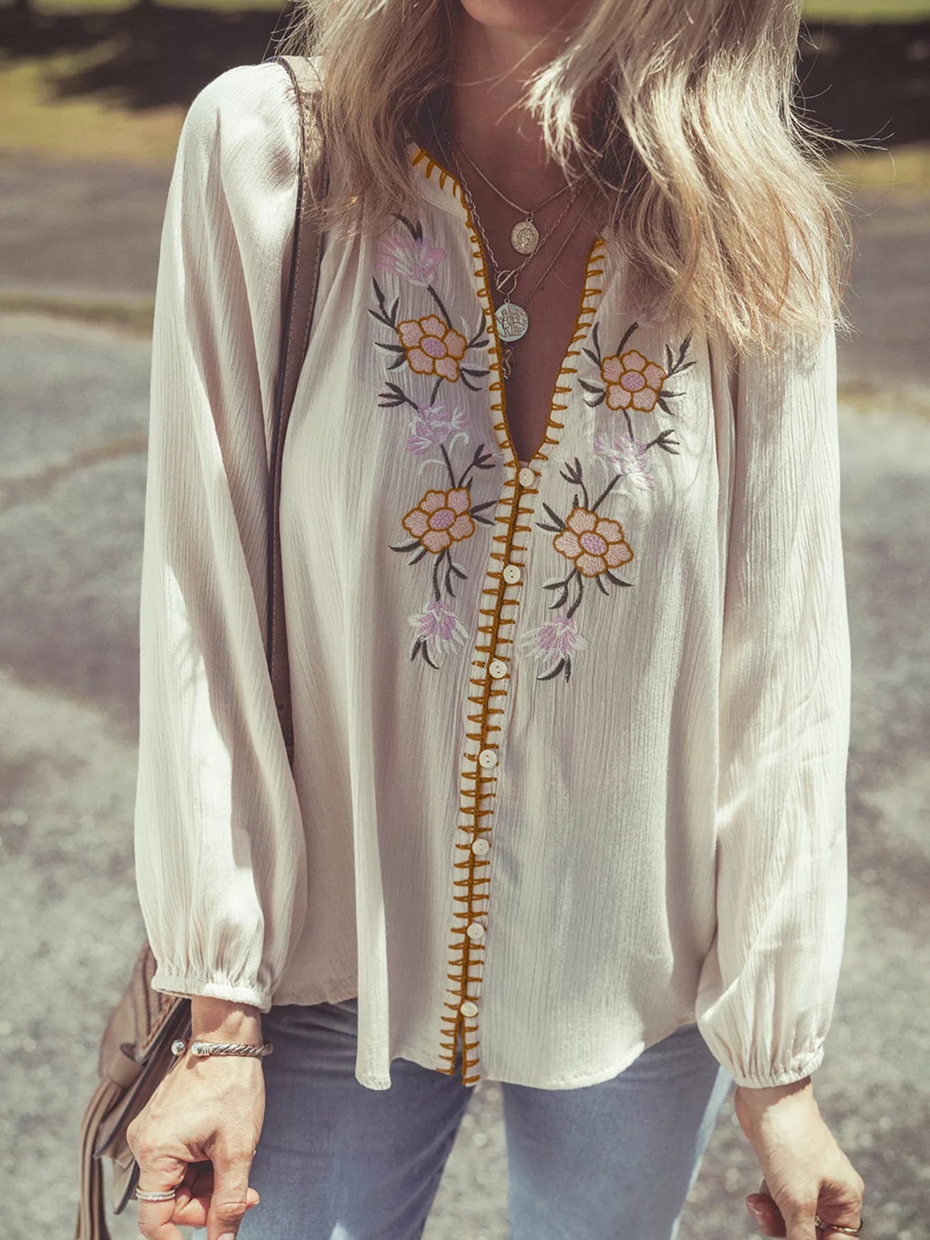 Floral Embroidered Textured Puff Sleeve Loose Shirt 