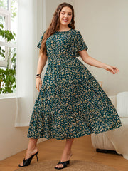 Honey Plus Size Floral Round Neck Short Sleeve Midi Dress 