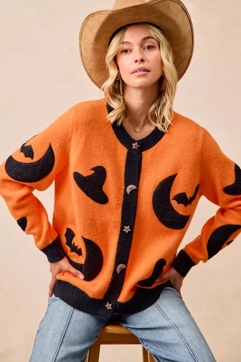 BiBi Halloween Witch Hat Moon Bat Artwork Cardigan 