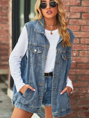 Collared Neck Sleeveless Denim Top with Pockets 