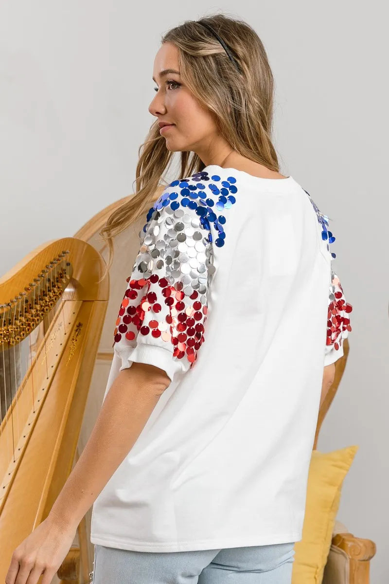 BiBi America Letter Applique Spangle Puff Sleeves Top 