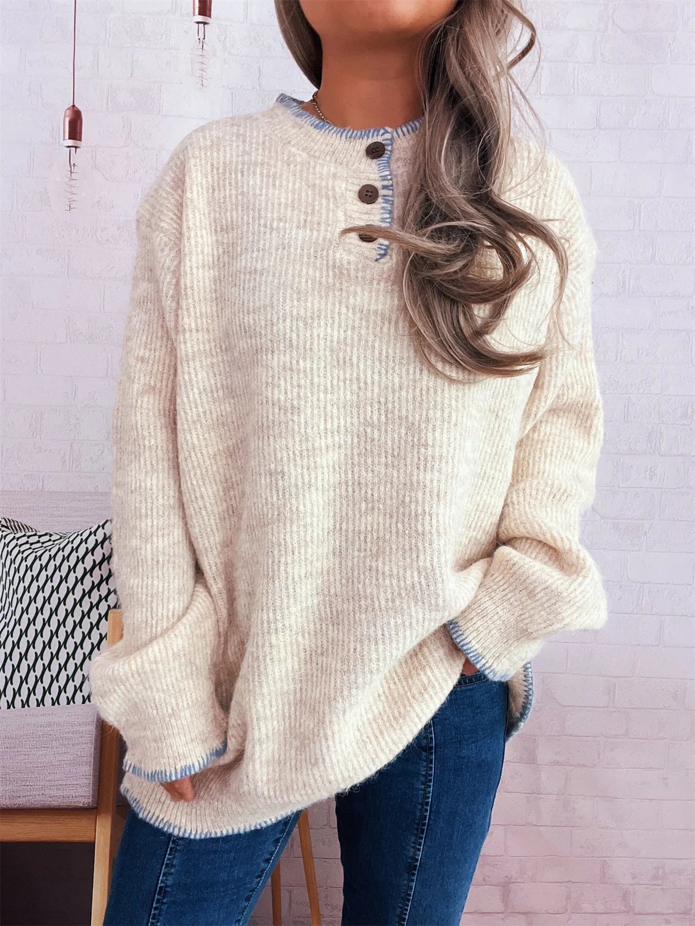 Ribbed Button Detail Long Sleeve Sweater 