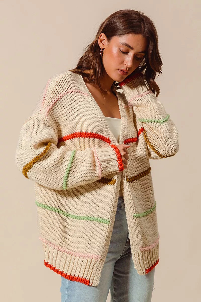 SO ME Loose Fit Multi Stripe Open Front Cardigan 