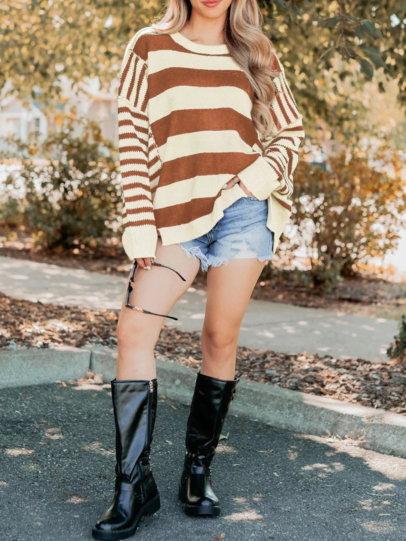 Stripe Drop Shoulder Sleeve Patchwork Baggy Sweater 