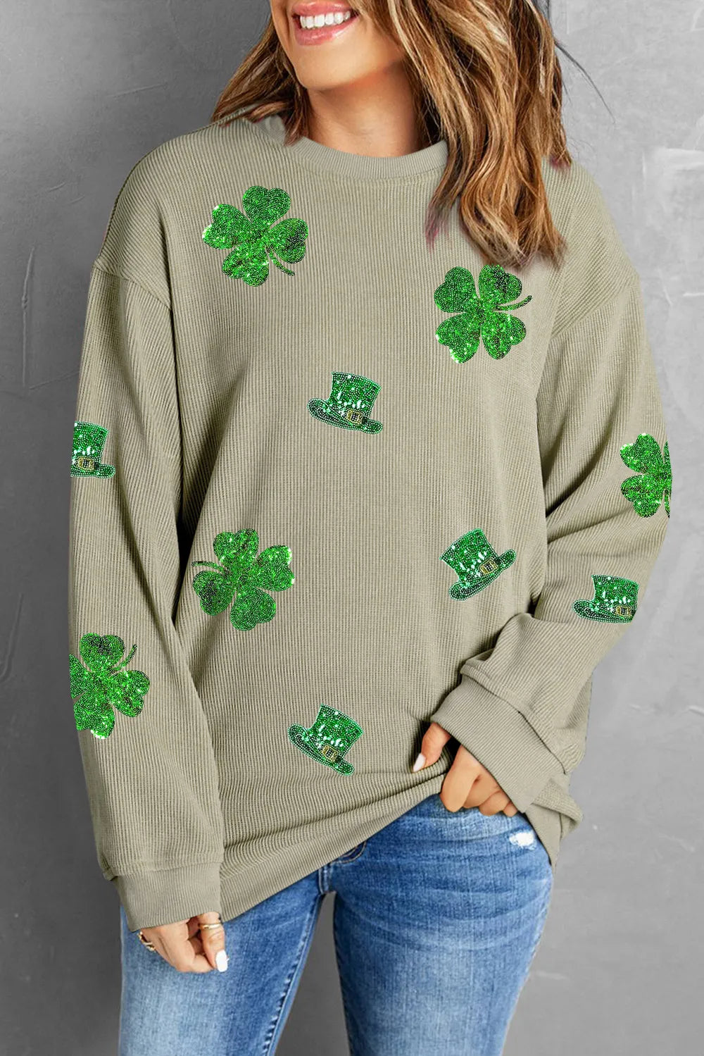 Lucky Clover Sequin Round Neck Sweatshirt 