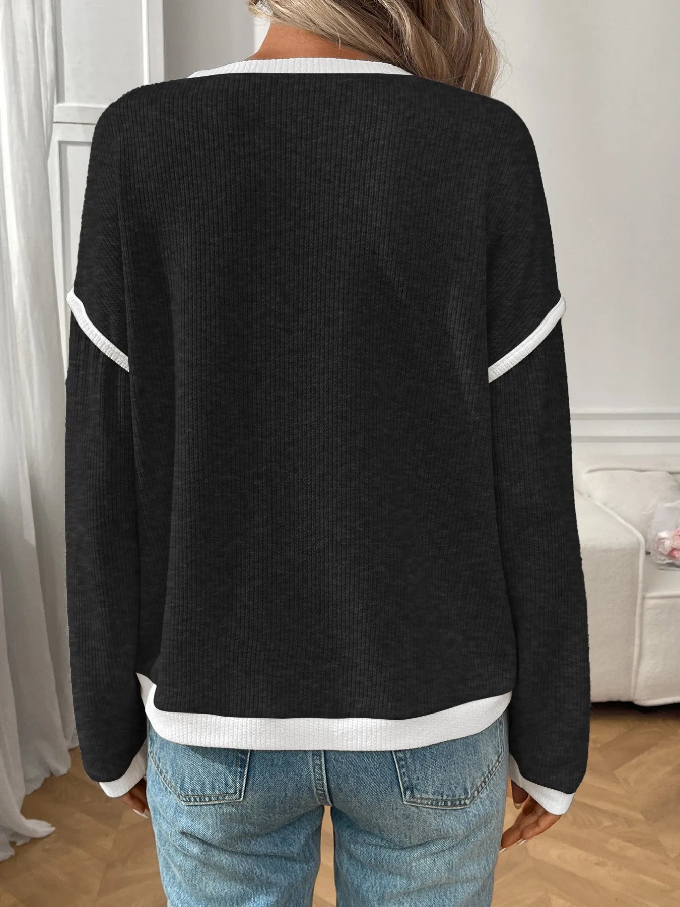 Ribbed Contrast Trim Long Sleeve Top 