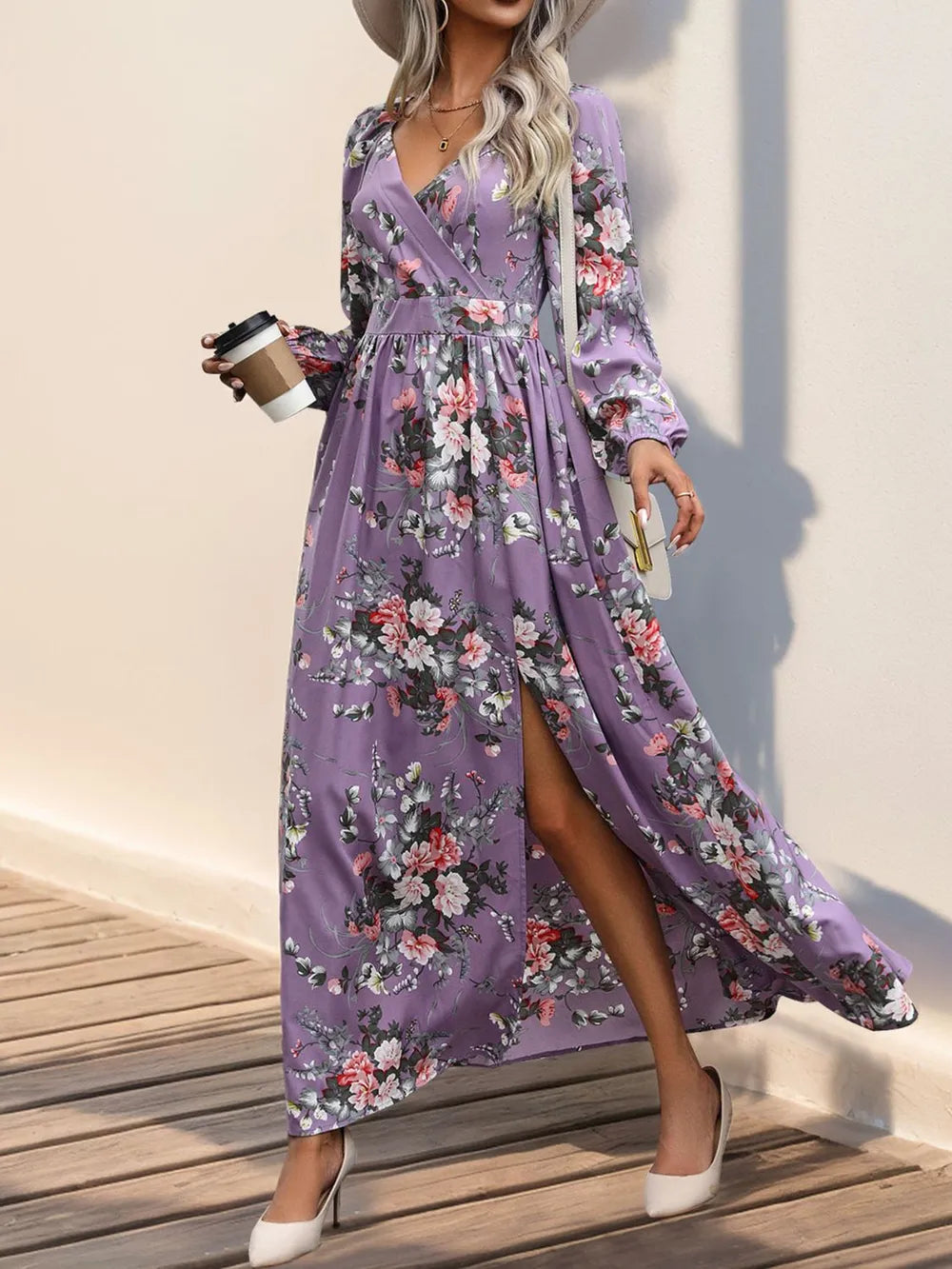 Perfee Slit Printed Surplice Long Sleeve Maxi Dress 