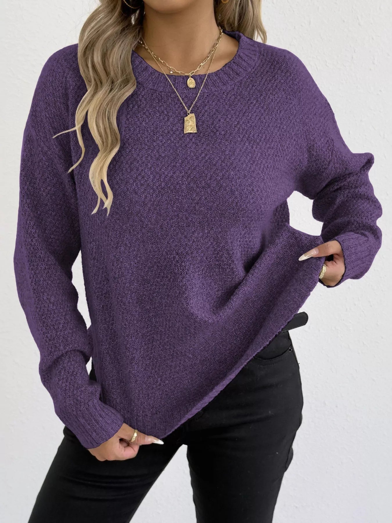 Textured Knit Relaxed Fit Round Neck Sweater 