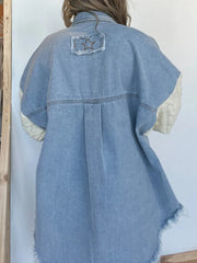 Full Size Raw Hem Button Up Patchwork Denim Jacket Plus Size 