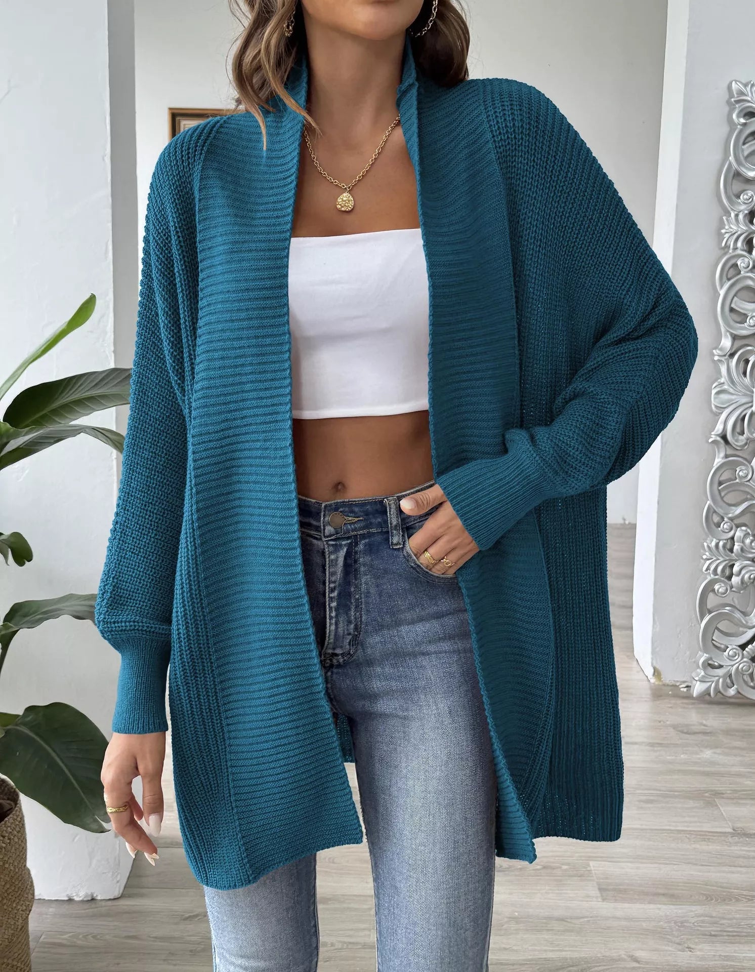 Open Front Ribbed Knit Cardigan 
