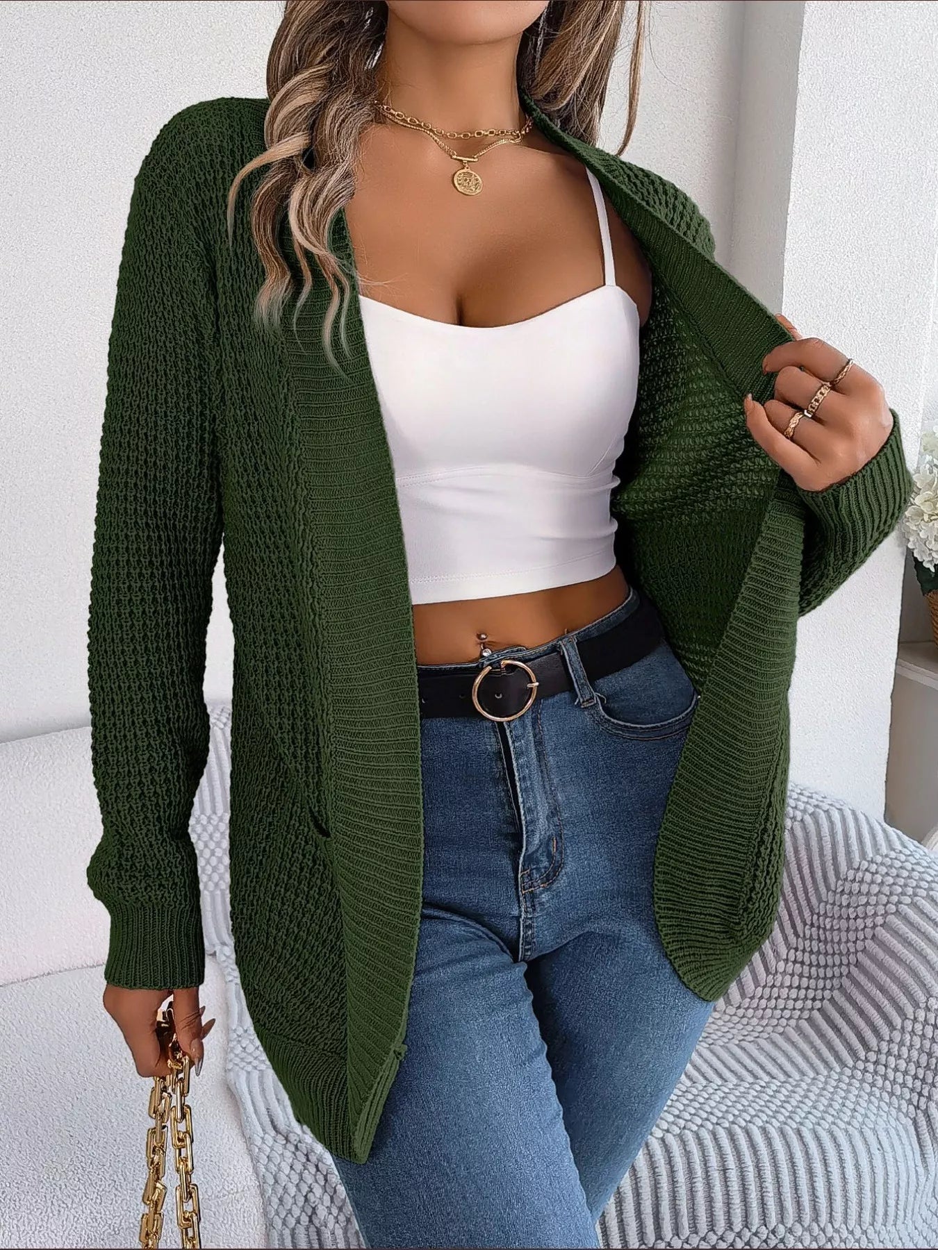 Chunky Knit Open Front Cardigan with Pockets 