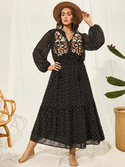 Plus Size Embroidered Tassel Balloon Sleeve Dress 