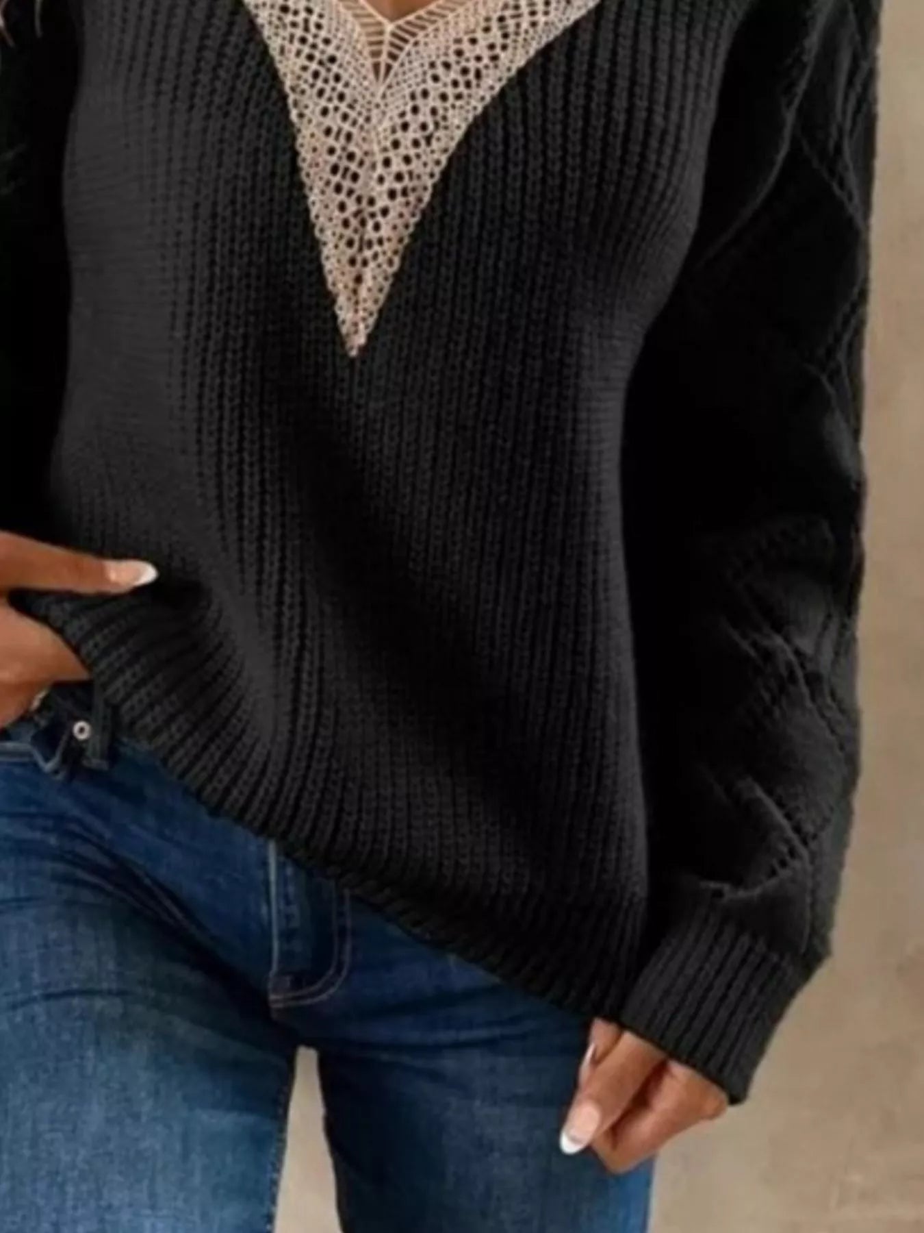 Openwork V-Neck Long Sleeve Sweater 