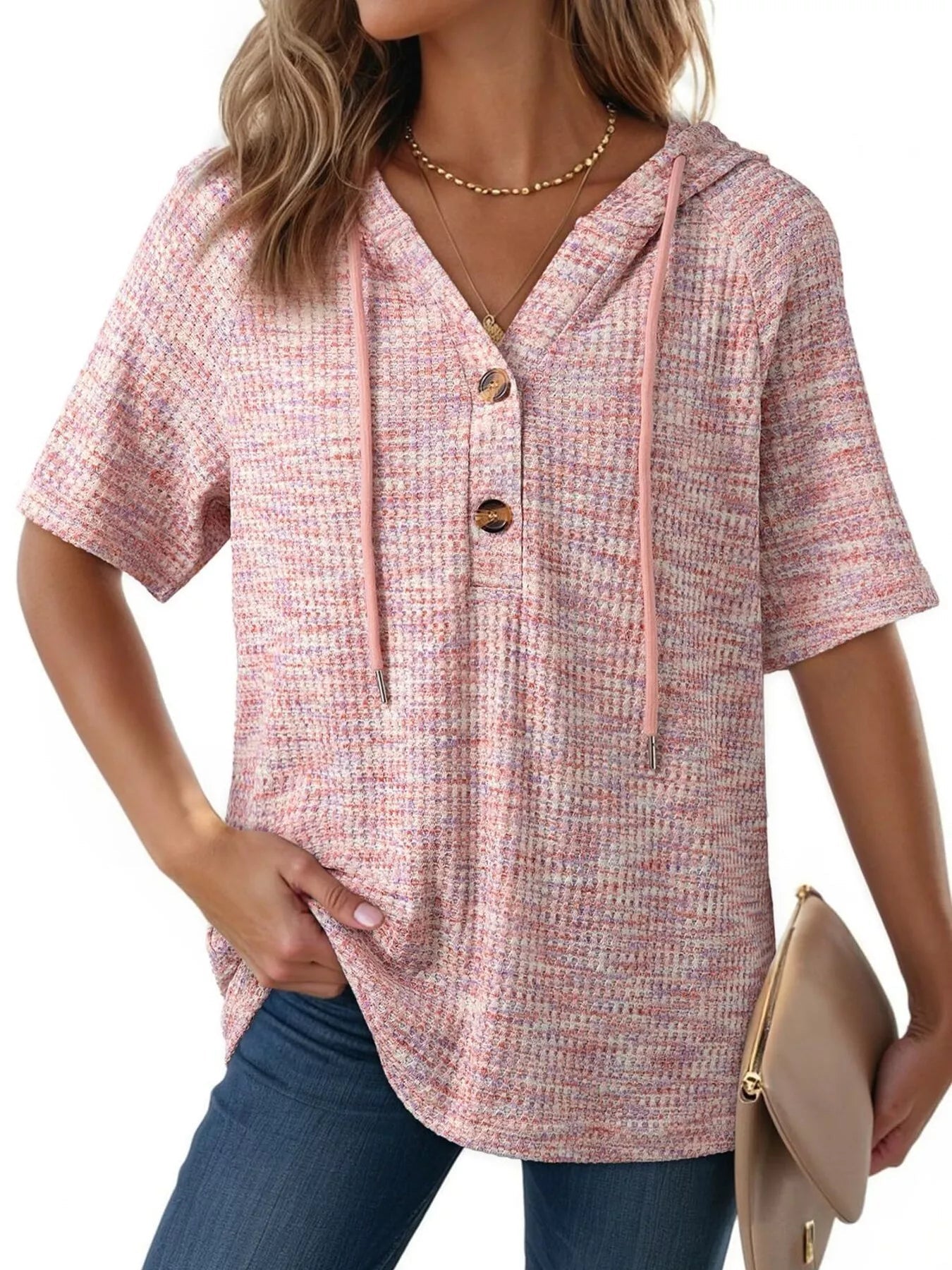 Drawstring Short Sleeve Hooded Top 