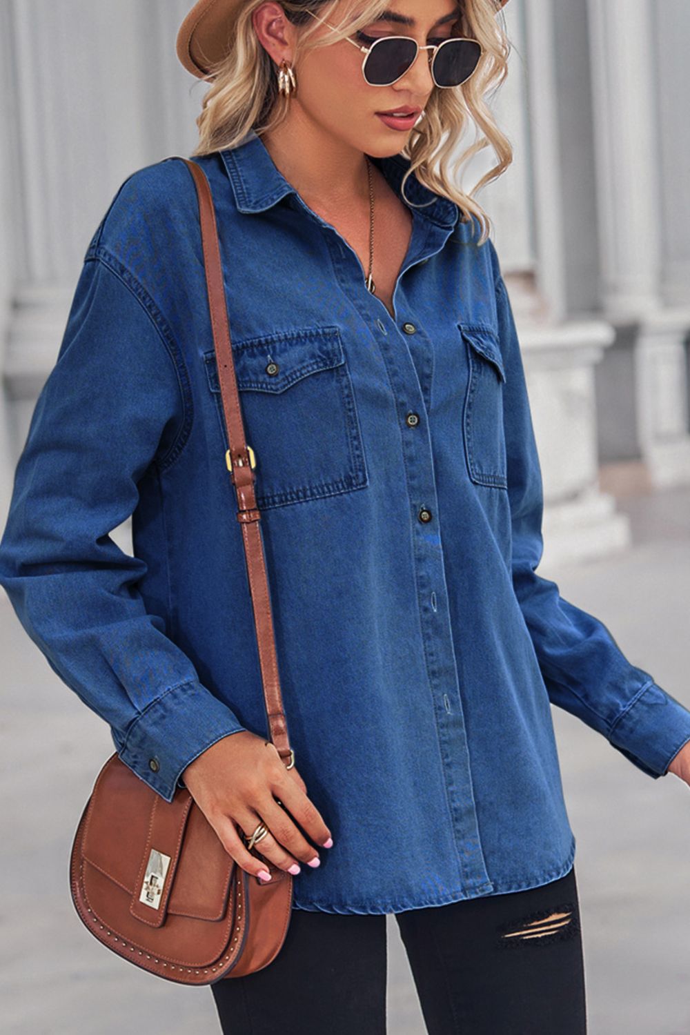 Collared Neck Dropped Shoulder Denim Top 