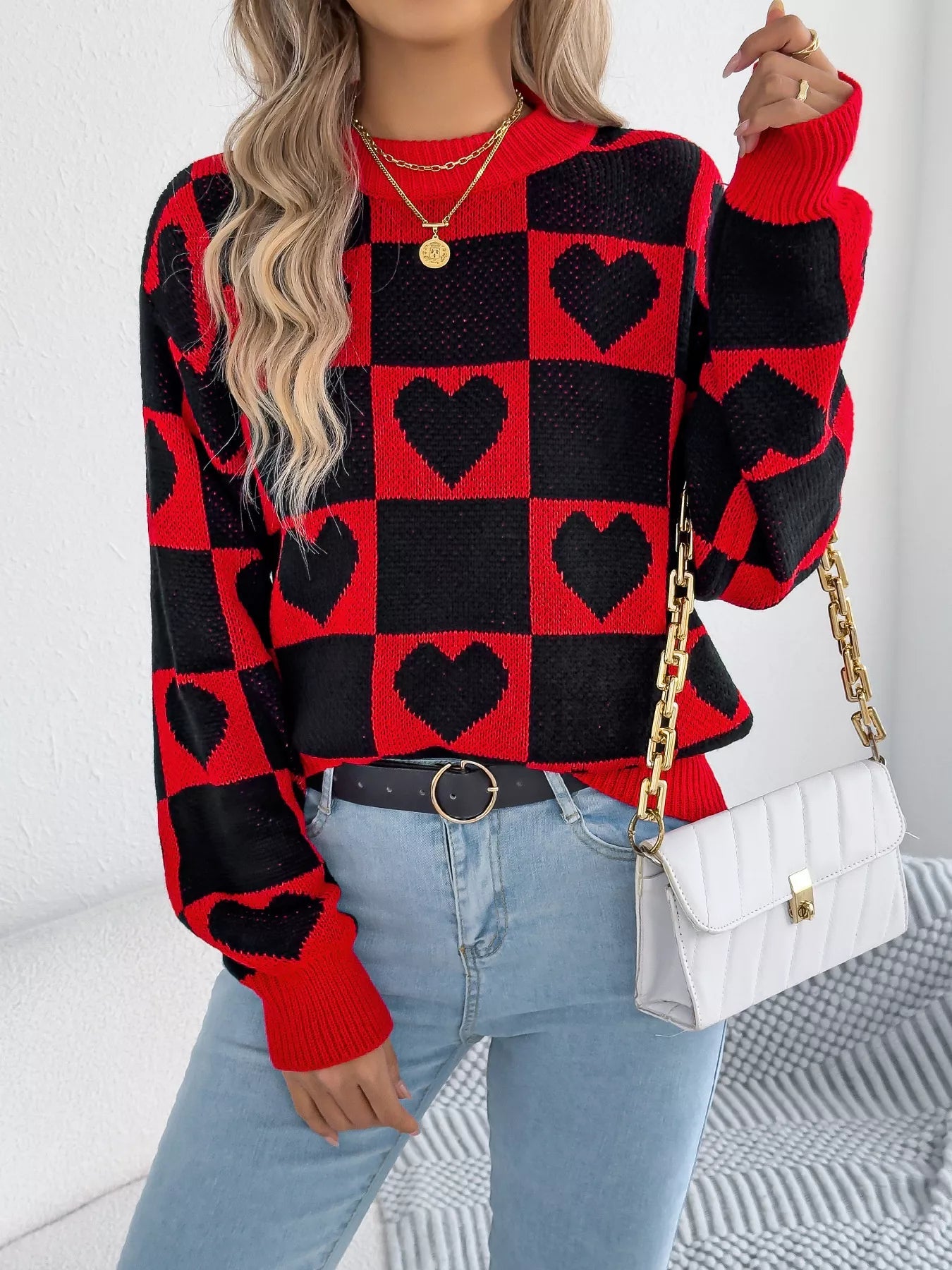 Heart Checkerboard Pattern Round Neck Sweater 