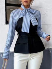 Striped Long Sleeve Blouse with Bow Tie 