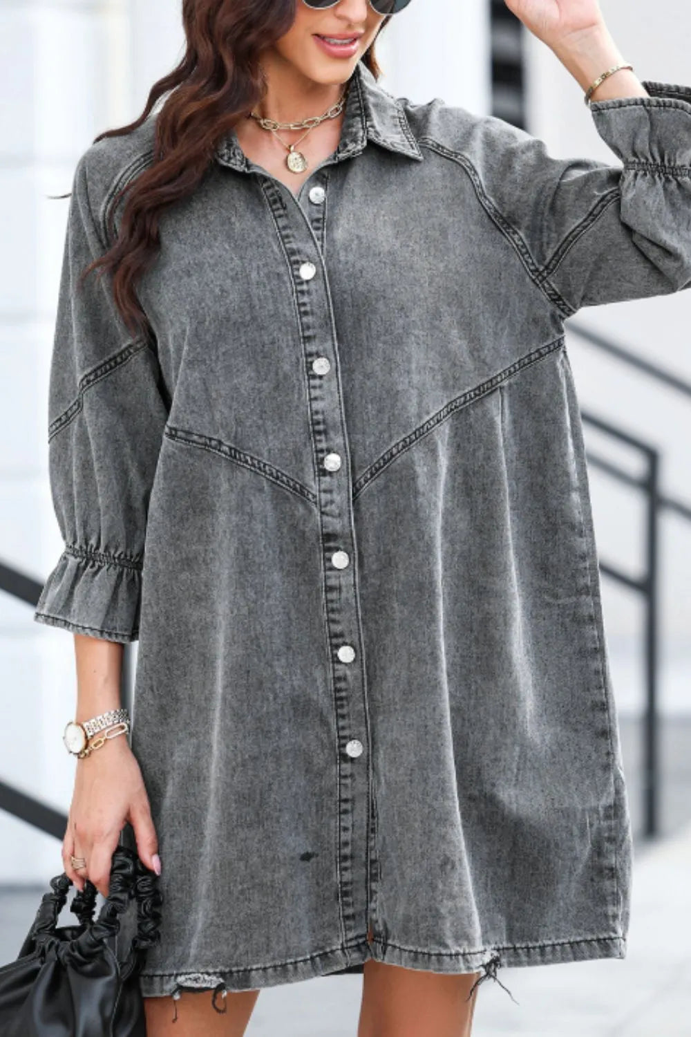 Distressed Collared Neck Flounce Sleeve Denim Dress 